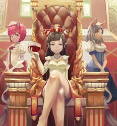 Rule 34 | 3girls, animal ears, black hair, blue dress, braid, breasts, brown eyes, cat ears, closed mouth, crown, cupping glass, dress, elbow gloves, fang, fang out, glass, gloves, green eyes, grey hair, highres, holding, lard (kumazakiyuta), crossed legs, long hair, looking at another, maid, maid headdress, multiple girls, original, pink hair, puffy short sleeves, puffy sleeves, purple eyes, red dress, short sleeves, sitting, smile, standing, throne, white gloves