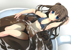 Rule 34 | 1girl, bathing, bikini, blue bikini, blue eyes, brown hair, coffee, coffee cup, cup, disposable cup, in container, in cup, long hair, mini person, minigirl, original, oruto (ort+), scrunchie, solo, swimsuit, two side up, very long hair