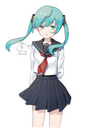 Rule 34 | 1girl, absurdres, arms behind back, artist logo, artist name, black sailor collar, black skirt, blue eyes, blue hair, blush, closed mouth, commentary, cowboy shot, hatsune miku, highres, long hair, long sleeves, looking at viewer, neckerchief, pleated skirt, red neckerchief, sailor collar, school uniform, serafuku, shirt, simple background, skirt, solo, twintails, vocaloid, wandu mook, white background, white shirt