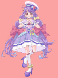 Rule 34 | 1girl, bag, blush, bow, bow earrings, choker, crossed fingers, cure coral, dress, earrings, eyelash ornament, facial mark, full body, hair bow, hair ornament, hat, heart, heart facial mark, heart in eye, highres, jewelry, kneehighs, long hair, looking at viewer, magical girl, multi-tied hair, multiple hair bows, pink background, precure, purple choker, purple dress, purple footwear, red ribbon, ribbon, rin.rin, shoes, smile, socks, solo, suzumura sango, symbol in eye, thick eyelashes, tropical-rouge! precure, white hat, white socks, x fingers, yellow bow