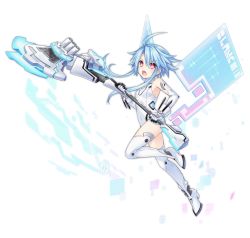 Rule 34 | 1girl, ahoge, axe, azur lane, bare shoulders, blanc (neptunia), blue hair, blush, breasts, bright pupils, covered navel, elbow gloves, full body, gloves, hair intakes, holding, holding weapon, leotard, long hair, neptune (series), no bra, official art, open mouth, red eyes, short hair with long locks, small breasts, solo, thighhighs, transparent background, tsunako, turtleneck, v-shaped eyebrows, weapon, white gloves, white heart (neptunia), white leotard, white thighhighs
