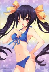 Rule 34 | 10s, 1girl, ;d, absurdres, bikini, black hair, blue bikini, blush, bow, breasts, cowboy shot, front-tie top, game cg, hair bow, hair ribbon, halterneck, hand on own hip, hand on own chest, highres, long hair, navel, neptune (series), noire (neptunia), official art, one eye closed, open mouth, red eyes, ribbon, shiny skin, smile, solo, star (symbol), swimsuit, tsunako, twintails, very long hair, wink