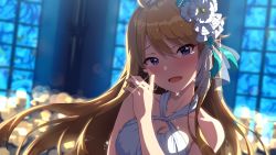 Rule 34 | 1girl, ahoge, amochin, aqua ribbon, backlighting, bare shoulders, blonde hair, blue eyes, blurry, blush, bokeh, breasts, cleavage, commentary, crying, crying with eyes open, depth of field, diamond earrings, dress, earrings, english commentary, eyelashes, flower, hair flower, hair ornament, hair ribbon, hand up, highres, idolmaster, idolmaster million live!, idolmaster million live! theater days, indoors, jewelry, long hair, medium breasts, open mouth, ribbon, ring, see-through, sidelocks, smile, solo, stained glass, tears, tokoro megumi, upper body, wedding dress, wedding ring, white dress, white flower, window