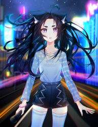 Rule 34 | 1girl, animal ear fluff, animal ears, antenna hair, art trade, artist name, asymmetrical sleeves, bead bracelet, beads, black hair, black shorts, blue sleeves, borrowed character, bracelet, cat ears, cityscape, commentary, cowboy shot, eloru, english commentary, hair spread out, heart antenna hair, high-waist shorts, holding, holding microphone, jewelry, long hair, long sleeves, looking at viewer, microphone, mismatched sleeves, night, night sky, original, outdoors, parted lips, polka dot sleeves, purple bracelet, purple eyes, road, shirt, short shorts, shorts, sky, solo, star (sky), starry sky, straight-on, striped sleeves, teeth, thighhighs, white shirt, white thighhighs