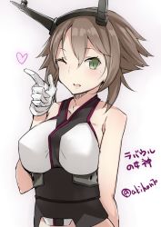 Rule 34 | 10s, 1girl, akiha (attract), bad id, bad pixiv id, blush, breasts, brown hair, gloves, green eyes, headgear, heart, kantai collection, kskasutera, large breasts, mutsu (kancolle), one eye closed, pointing, short hair, solo, twitter username, white background, white gloves