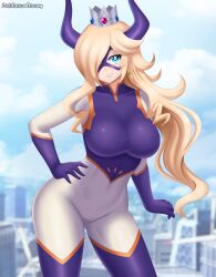 Rule 34 | 1girl, absurdres, artist name, blonde hair, blue eyes, blurry, blurry background, bodysuit, boku no hero academia, breasts, cosplay, cowboy shot, crown, domino mask, earrings, giant, giantess, hair over one eye, hand on own hip, highres, horns, jewelry, large breasts, long hair, looking at viewer, mario (series), mask, mount lady, mount lady (cosplay), nintendo, patdarux, rosalina, smile, solo, star (symbol), star earrings
