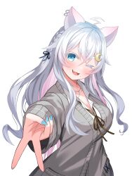 Rule 34 | 1girl, ahoge, animal ears, bettle (b s a n), blue nails, braid, breasts, cat ears, cleavage, colored inner hair, crescent, crescent hair ornament, ear piercing, gradient hair, grey hair, gyaru v, hair between eyes, hair ornament, highres, jewelry, large breasts, long sleeves, multicolored hair, necklace, nekono yukino, one eye closed, piercing, pink hair, pocket, re:act, solo, standing, thick eyebrows, v, virtual youtuber, white background