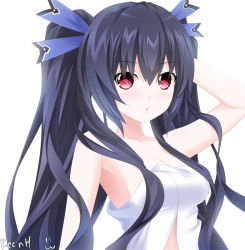 Rule 34 | 10s, 1girl, :o, arm behind head, artist name, black hair, blush, collarbone, hair ribbon, keenh, long hair, naked towel, neptune (series), noire (neptunia), red eyes, ribbon, solo, towel, twintails, upper body, white background