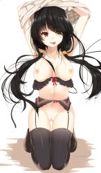 Rule 34 | 10s, 1girl, :p, arms up, black bra, black hair, black thighhighs, blush, bow, bra, breasts, cleft of venus, collarbone, date a live, female focus, garter belt, garter straps, groin, hair over one eye, heterochromia, hews, highres, hip focus, kneeling, large breasts, legs, lingerie, long hair, looking at viewer, low twintails, nipples, no panties, off shoulder, pussy, red eyes, saliva, smile, solo, thigh gap, thighhighs, thighs, third-party edit, tokisaki kurumi, tongue, tongue out, twintails, uncensored, underwear, undressing, yellow eyes