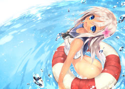Rule 34 | 10s, 1girl, :d, ass, blue eyes, blush, bottomless, breasts, crop top, eyebrows, flower, from above, hair between eyes, hair flower, hair ornament, kantai collection, kibasuke, lens flare, lifebuoy, long hair, looking at viewer, open mouth, partially submerged, ro-500 (kancolle), sailor collar, see-through, silver hair, sleeveless, small breasts, smile, solo, sparkle, standing, swim ring, tan, water, water drop