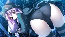 Rule 34 | 1girl, against fence, arisa suou, ass, bent over, eyepatch, fence, game cg, outdoors, panties, purple hair, skirt, solo, soukoku no arterial, thighhighs, underwear, yakuri