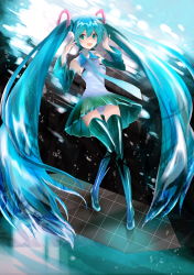 Rule 34 | 1girl, :d, absurdly long hair, aqua eyes, aqua hair, bad id, bad pixiv id, bare shoulders, black thighhighs, boots, clothes lift, dress, dress lift, full body, hatsune miku, hayama eishi, highres, long hair, looking at viewer, open mouth, smile, solo, thigh boots, thighhighs, twintails, very long hair, vocaloid