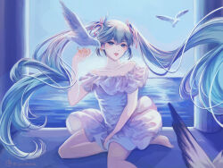 Rule 34 | 1girl, barefoot, bird, bird on hand, blue dress, blue eyes, blue hair, blue sky, blue theme, collarbone, commentary, day, dove, dress, english commentary, feathers, floating hair, foot out of frame, frilled dress, frills, hair between eyes, hair ribbon, hand up, hatsune miku, highres, horizon, lips, long hair, looking at viewer, miku day, mio4moon, ocean, off-shoulder dress, off shoulder, parted lips, pillar, pink ribbon, ribbon, short dress, sitting, sky, smile, solo, strapless, strapless dress, very long hair, vocaloid