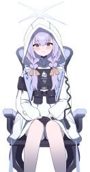Rule 34 | 1girl, absurdres, atsuko (blue archive), belt pouch, black gloves, blanchat, blue archive, blush stickers, bow, braid, chair, gloves, hair bow, halo, hands on lap, highres, hood, hood up, hooded jacket, jacket, low twin braids, bulletproof vest, pouch, purple hair, red eyes, sitting, solo, twin braids, white jacket, yellow bow