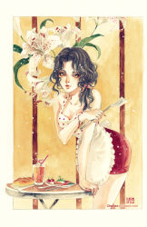 Rule 34 | 1girl, amelie huang, apron, bacon, black hair, bracelet, bread, breakfast, breasts, butter knife, claparo, cleavage, cup, drinking straw, egg, face, flower, food, fork, fruit, jewelry, lily (flower), lips, nail polish, original, painting (medium), plate, solo, spatula, strawberry, traditional media, watercolor (medium), watermark, web address, yellow eyes