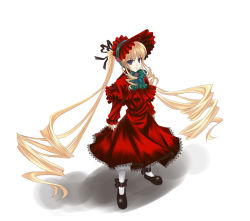 Rule 34 | 00s, 1girl, blonde hair, bonnet, bow, bowtie, drill hair, frills, full body, green bow, green bowtie, juliet sleeves, long sleeves, looking at viewer, mary janes, puffy long sleeves, puffy sleeves, rockeight, rozen maiden, shinku, shoes, sidelocks, simple background, solo, standing, twin drills, twintails, white background