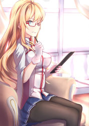 Rule 34 | 1girl, bad id, bad pixiv id, black pantyhose, blonde hair, blue eyes, blue skirt, booklet, cartonbox (zhixiang zhi), couch, cowboy shot, curtains, day, from side, gloves, green eyes, hair over shoulder, hand up, highres, holding, holding pen, indoors, jacket, kongou (warship girls r), legs together, light, long hair, looking to the side, open mouth, pantyhose, pen, pen to chin, pleated skirt, red-framed eyewear, shadow, sitting, skirt, smile, solo, sunlight, warship girls r, white gloves, white jacket, wide sleeves, window