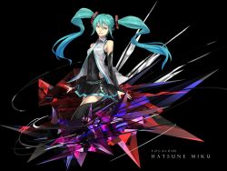 Rule 34 | 1girl, aqua eyes, aqua hair, bare shoulders, black background, black thighhighs, boots, character name, closed mouth, clothing cutout, copyright name, crystal, detached sleeves, english text, full body, hair ornament, hatsune miku, knee up, long hair, looking at viewer, open hands, pleated skirt, ponytail, side cutout, simple background, skirt, sleeveless, smile, solo, standing, sugi 214, thigh boots, thighhighs, very long hair, vocaloid