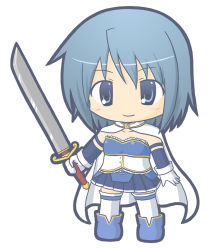 Rule 34 | 1girl, blue eyes, blue footwear, blue hair, blue shirt, blue skirt, blush, boots, cape, chibi, closed mouth, collarbone, commentary request, detached sleeves, female focus, full body, gloves, hair between eyes, holding, holding sword, holding weapon, long sleeves, looking at viewer, magical girl, mahou shoujo madoka magica, mahou shoujo madoka magica (anime), miki sayaka, pleated skirt, ri-net, shirt, simple background, skirt, smile, solo, standing, strapless, sword, thighhighs, weapon, white background, white cape, white gloves, white thighhighs