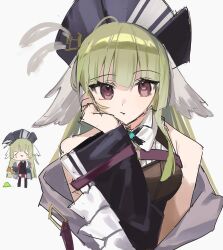 Rule 34 | 1girl, absurdres, arknights, bird girl, black jacket, blue headwear, breasts, brown eyes, chibi, chibi inset, collared shirt, green hair, hand on own cheek, hand on own face, hat, hat feather, head wings, highres, jacket, long hair, long sleeves, looking at viewer, medium breasts, mokuro3m, multiple views, off shoulder, open clothes, open jacket, poncirus (arknights), shirt, sidelocks, simple background, sleeveless, sleeveless shirt, straight-on, upper body, white background, white shirt, wings