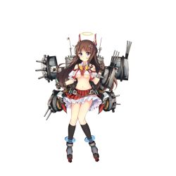 Rule 34 | 1girl, anchor hair ornament, anklet, black socks, bow, breasts, brown gloves, brown hair, caio duilio (warship girls r), cannon, chain, closed mouth, crop top, cropped jacket, frilled skirt, frills, frown, full body, gloves, grey footwear, hair ornament, halo, holding, horns, italian flag, italy, jacket, jewelry, jianren, knees together feet apart, long hair, looking at viewer, machinery, midriff, navel, official art, plaid, plaid skirt, puffy short sleeves, puffy sleeves, purple eyes, red skirt, shell, shoes, short sleeves, skirt, socks, solo, standing, transparent background, turret, underboob, warship girls r, white jacket, yellow bow