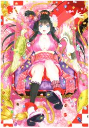 Rule 34 | 1girl, absurdres, arms up, asymmetrical legwear, black hair, blue eyes, blush, breasts, candy, cleavage, flower, food, hair flower, hair ornament, happoubi jin, happy, highres, japanese clothes, kimono, mismatched legwear, open mouth, original, outstretched arms, pillow, ponytail, scan, side ponytail, sitting, smile, solo, tassel