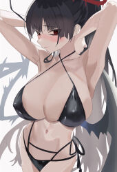 Rule 34 | 1girl, absurdres, armpits, arms up, bad id, bad twitter id, bikini, black bikini, black hair, black wings, blue archive, blush, breasts, chikoku, cleavage, closed mouth, eyelashes, halo, highres, huge breasts, long hair, looking at viewer, ponytail, red eyes, side-tie bikini bottom, simple background, solo, swimsuit, tsurugi (blue archive), tsurugi (swimsuit) (blue archive), very long hair, wings