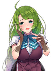 Rule 34 | 1girl, ahoge, blouse, blue bow, blue bowtie, bow, bowtie, braid, breasts, brown gloves, chikage (blackclownery), cowboy shot, fingerless gloves, gloves, green hair, halterneck, highres, kantai collection, large breasts, long hair, looking at viewer, mole, mole under mouth, purple skirt, purple vest, school uniform, shirt, short sleeves, simple background, single braid, skirt, solo, very long hair, vest, white background, white shirt, yuugumo (kancolle), yuugumo kai ni (kancolle)