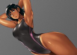 Rule 34 | 1girl, arm up, armpits, black one-piece swimsuit, competition swimsuit, dark-skinned female, dark skin, grey background, halftone, one-piece swimsuit, one-piece tan, original, solo, swimsuit, takebouzu, tan, tanline, thighs
