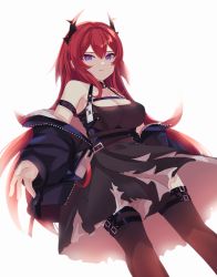 Rule 34 | 1girl, arknights, armband, bad id, bad pixiv id, bare shoulders, black dress, black thighhighs, breasts, chest strap, cleavage, closed mouth, dress, feet out of frame, food, from below, hair between eyes, highres, horns, large breasts, long hair, looking at viewer, looking down, medium breasts, nemu raku kizoku (user exgk7444), off-shoulder jacket, off shoulder, popsicle, purple eyes, red hair, revision, short dress, simple background, smile, solo, standing, surtr (arknights), thigh strap, thighhighs, thighs, very long hair, white background, zettai ryouiki