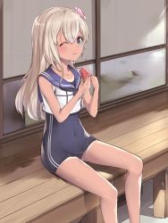 Rule 34 | 10s, 1girl, bad id, bad pixiv id, blonde hair, blue eyes, crop top, eating, flower, food, fruit, hair flower, hair ornament, kantai collection, one-piece tan, one eye closed, purutabu, ro-500 (kancolle), sailor collar, school swimsuit, sitting, swimsuit, swimsuit under clothes, tan, tanline, watermelon