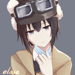 Rule 34 | 1girl, androgynous, artist name, black eyes, black hair, black jacket, brown coat, close-up, coat, dress shirt, elosa, fur hat, goggles, goggles on headwear, hair between eyes, hand on own chest, hat, head tilt, highres, jacket, kino (kino no tabi), kino no tabi, looking at viewer, lowered eyelids, mask, mask pull, mouth mask, parted lips, portrait, shirt, short hair, solo, surgical mask, tomboy, ushanka, white shirt