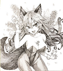 Rule 34 | 1girl, :d, alternate costume, animal ears, breasts, card, cleavage, commentary request, cowboy shot, dice, fang, flower, graphite (medium), greyscale, hair between eyes, hatching (texture), highres, holding, holding card, imaizumi kagerou, joker (playing card), ke-su, large breasts, leotard, long hair, looking at viewer, monochrome, open mouth, playing card, poker chip, shikishi, smile, solo, strapless, tail, touhou, traditional media, wolf ears, wolf girl, wolf tail, wrist cuffs