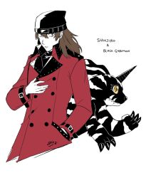 Rule 34 | aragaki shinjirou, belt, claws, coat, crossover, digimon, digimon (creature), gabumon (black), hat, horns, looking at viewer, persona, persona 3, simple background, white background