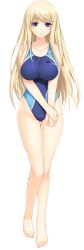 Rule 34 | 1girl, absurdres, bare shoulders, barefoot, blonde hair, blue eyes, breasts, feet, full body, highres, iizuki tasuku, large breasts, legs, long hair, long image, looking at viewer, lovely x cation 2, simple background, solo, standing, swimsuit, thighs, toes, white background, yoshinoya seine