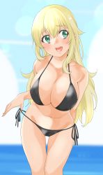 Rule 34 | 1girl, absurdres, atago (kancolle), bikini, black bikini, blonde hair, blue sky, breasts, cleavage, cloud, commentary request, cowboy shot, day, highres, horizon, kantai collection, large breasts, leaning forward, long hair, maonatten, ocean, open mouth, outdoors, round teeth, side-tie bikini bottom, sideways glance, sky, solo, swimsuit, teeth, thigh gap, upper teeth only