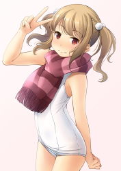 Rule 34 | 1girl, arm up, bare arms, bare shoulders, blush, brown background, brown hair, closed mouth, commentary request, cowboy shot, fringe trim, highres, long hair, looking at viewer, nose blush, old school swimsuit, one-piece swimsuit, original, red eyes, scarf, school swimsuit, shibacha, solo, standing, swimsuit, twintails, v, white one-piece swimsuit