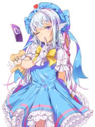 Rule 34 | 1girl, agnamore, bad id, bad pixiv id, blue dress, blue hat, blush, cardcaptor sakura, cosplay, cowboy shot, dress, flat chest, gloves, hair between eyes, hat, hat ribbon, heart, holding, holding wand, index finger raised, kero (cardcaptor sakura), kero (cosplay), kinomoto sakura, kinomoto sakura (cosplay), korean commentary, long hair, one eye closed, original, purple eyes, ribbon, short sleeves, silver hair, simple background, solo, twitch.tv, wand, white background, white gloves
