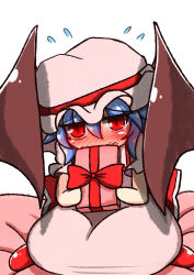 Rule 34 | 1girl, bat wings, blush, box, commentary request, dress, embarrassed, flying sweatdrops, full-face blush, gift, gift box, hat, hat ribbon, looking at viewer, mob cap, pink dress, puffy sleeves, red eyes, remilia scarlet, ribbon, rindou (p41neko), short sleeves, simple background, sitting, solo, touhou, valentine, wavy mouth, white background, wings