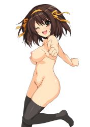 Rule 34 | 00s, 1girl, ;d, breasts, brown eyes, brown hair, female focus, hairband, haruhisky, highres, looking at viewer, looking to the side, medium breasts, navel, nipples, one eye closed, open mouth, pointing, pointing at viewer, ribbon, sideboob, smile, solo, standing, standing on one leg, suzumiya haruhi, suzumiya haruhi no yuuutsu, thighhighs, turning head, underboob