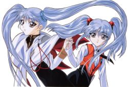 Rule 34 | 1990s (style), 1girl, blue hair, dual persona, gotou keiji, hair bobbles, hair ornament, hoshino ruri, kidou senkan nadesico, kidou senkan nadesico - prince of darkness, long hair, necktie, retro artstyle, time paradox, twintails, yellow eyes