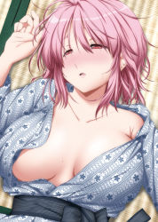 Rule 34 | 1girl, blush, breasts, breasts apart, collarbone, commentary request, from above, hair between eyes, half-closed eyes, japanese clothes, kimono, large breasts, lying, medium hair, no bra, nori tamago, nose blush, on back, on floor, open clothes, open mouth, pink hair, red eyes, saigyouji yuyuko, short hair, solo, sweat, tatami, touhou, underwear, upper body, yukata