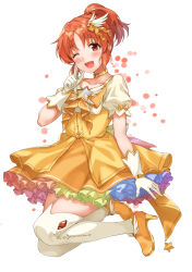 Rule 34 | 1girl, ;d, abe nana, absurdres, blush, bow, breasts, brooch, brown eyes, brown hair, choker, collarbone, dot nose, dress, finger to cheek, full body, gloves, gradient dress, hair bow, hair ornament, hand up, high heels, highres, idolmaster, idolmaster cinderella girls, idolmaster cinderella girls starlight stage, index finger raised, jewelry, looking at viewer, magical girl, medium breasts, one eye closed, open mouth, ponytail, short hair, short sleeves, simple background, sirurabbit, smile, solo, star (symbol), star brooch, star hair ornament, thighhighs, white background, white gloves, white thighhighs, wing hair ornament, yellow choker, yellow dress