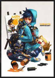 Rule 34 | 1boy, 1girl, ^ ^, absurdres, aged down, alternate costume, alternate hair color, blue hair, chest harness, closed eyes, gorilla, graffiti tracer, harness, highres, hood, hoodie, monori rogue, official alternate costume, overwatch, overwatch 1, pachimari, paint, paint can, spill, spray can, spray paint, tracer (overwatch), winston (overwatch)