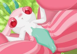 Rule 34 | 1girl, antennae, artist name, bad id, blush, colored sclera, creatures (company), female focus, furry, furry female, game freak, gen 7 pokemon, green background, hands up, hisafumi, lurantis, lying, nintendo, nose blush, on back, open mouth, pink sclera, pinstripe pattern, pokemon, pokemon (creature), pussy, red eyes, simple background, solo, spread legs, striped, uncensored, watermark