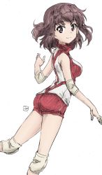 Rule 34 | 1girl, artist name, bad id, bad twitter id, brown eyes, brown hair, closed mouth, commentary, dutch angle, elbow pads, erakin, from side, girls und panzer, highres, knee pads, kondou taeko, looking at viewer, medium hair, no headband, red shirt, red shorts, shirt, short shorts, shorts, signature, simple background, single vertical stripe, sketch, sleeveless, sleeveless shirt, smile, solo, sportswear, standing, traditional media, volleyball uniform, white background