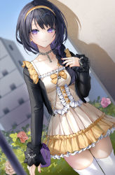 Rule 34 | 1girl, absurdres, bag, black hair, black jacket, braid, breasts, brown dress, brown hairband, closed mouth, collarbone, day, dress, flower, frilled dress, frills, hair over shoulder, hairband, hand up, highres, jacket, lloule, long sleeves, looking at viewer, miki (virtuareal), multicolored hair, nail polish, nijisanji, outdoors, pink flower, pink nails, pink rose, purple eyes, purple hair, rose, shoulder bag, single braid, sleeves past wrists, small breasts, solo, two-tone hair, virtual youtuber, virtuareal