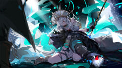 Rule 34 | 1girl, 1other, absurdres, ajimu dai, arknights, blurry, blurry foreground, chinese commentary, commentary request, doctor (arknights), dress, gloves, hair over one eye, hand on another&#039;s neck, highres, holding, holding staff, hood, hooded jacket, jacket, long hair, mask, off-shoulder dress, off shoulder, official alternate costume, phoenix crown, red eyes, sitting, skadi (arknights), skadi the corrupting heart (arknights), skadi the corrupting heart (sublimation) (arknights), staff, very long hair, wariza, white dress, white headwear