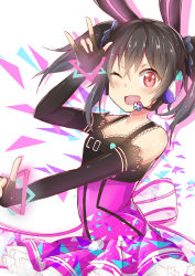 Rule 34 | 10s, 1girl, ;d, animal ears, black gloves, black hair, dress, elbow gloves, fang, fingerless gloves, gloves, highres, long hair, looking at viewer, love live!, love live! school idol festival, love live! school idol project, one eye closed, open mouth, rabbit ears, red eyes, shiny skin, simple background, smile, solo, sylphine, twintails, white background, yazawa nico