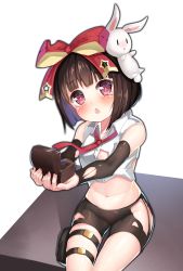 Rule 34 | 1girl, 2drr, absurdres, bike shorts, black hair, blush, bow, brown eyes, rabbit, character request, chestnut mouth, crop top, hair ornament, highres, holding, navel, necktie, open mouth, outstretched arms, ribbon, shirt, short hair, shorts, sitting, solo, stuffed toy, tears, thigh strap, torn clothes, torn shirt, torn shorts, white shirt